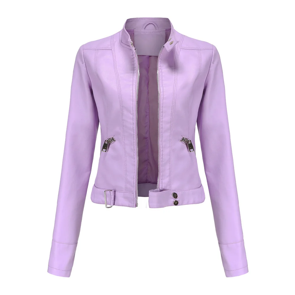 Spring Autumn Women PU Leather Short Jacket Ladies Solid With Belt Stand-up Collar Zipper Biker Coat Female Casual Outwear