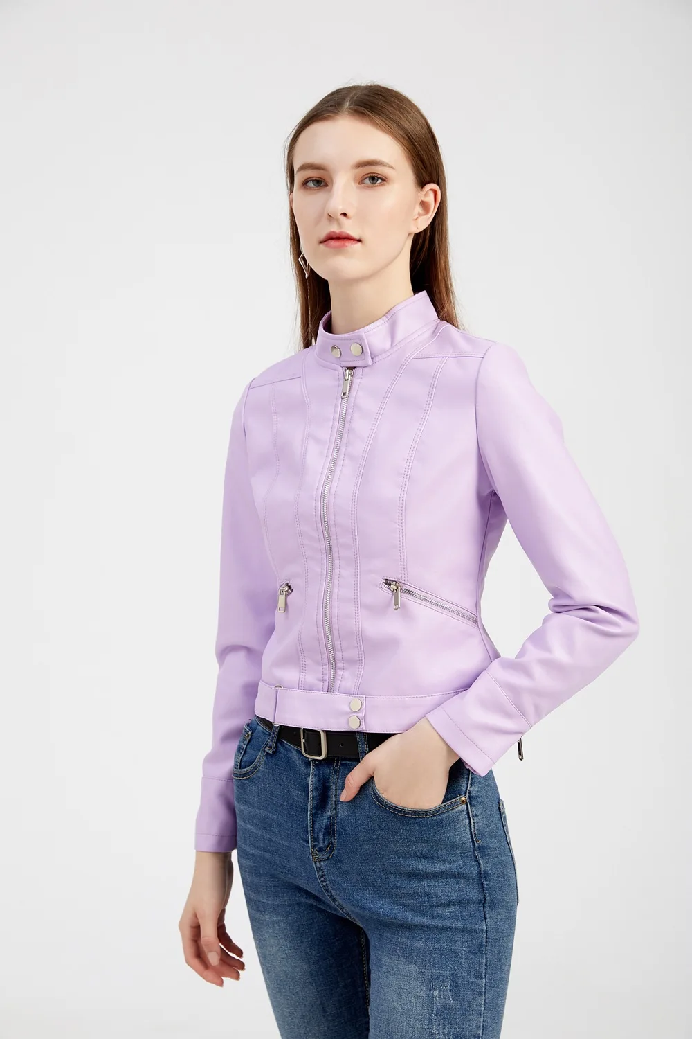 Spring Autumn Women PU Leather Short Jacket Ladies Solid With Belt Stand-up Collar Zipper Biker Coat Female Casual Outwear