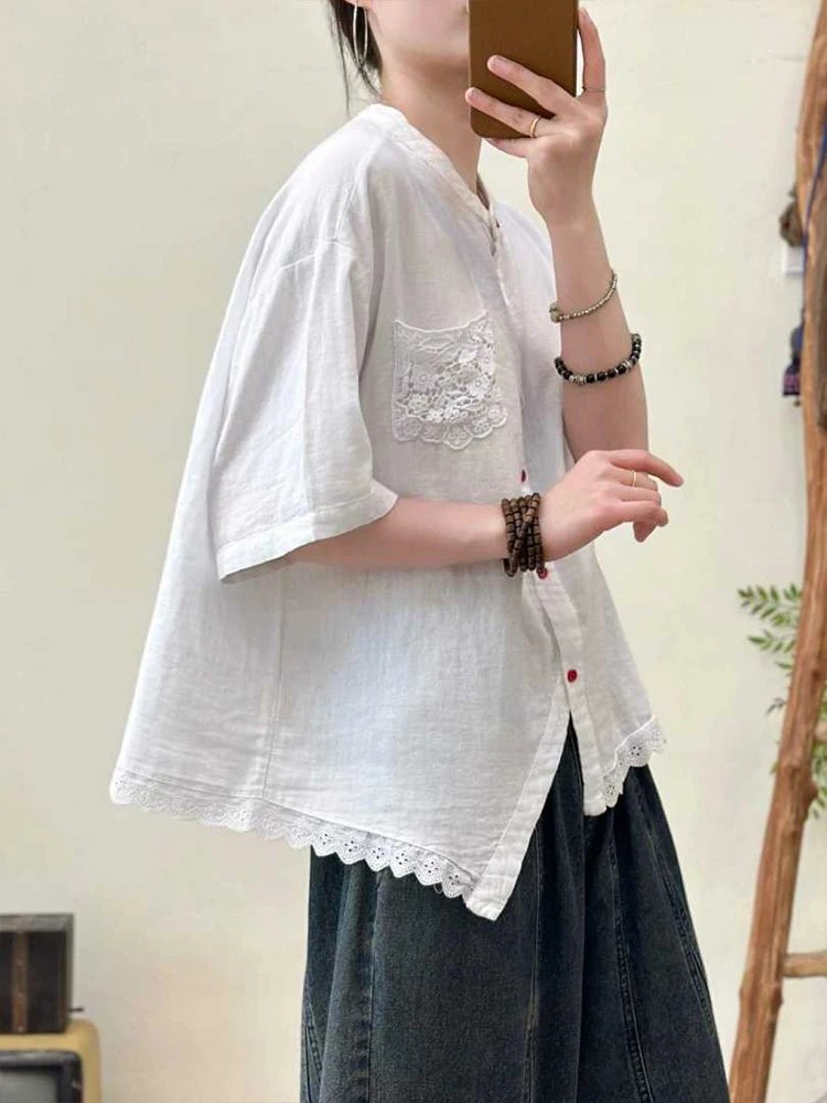 Amax LuluE 2026 Korean Summer Womens Fashion Loose Lace Shirts Casual Cotton Tops Ladies Classic Elegant Vintage Solid Blouses