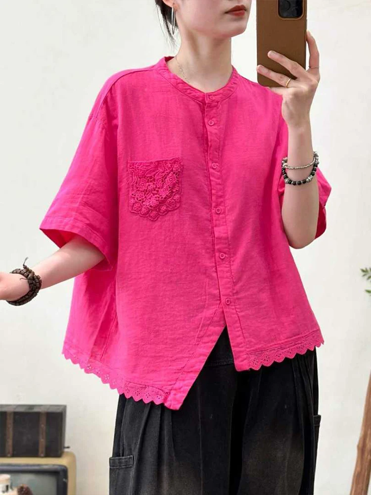 Amax LuluE 2026 Korean Summer Womens Fashion Loose Lace Shirts Casual Cotton Tops Ladies Classic Elegant Vintage Solid Blouses