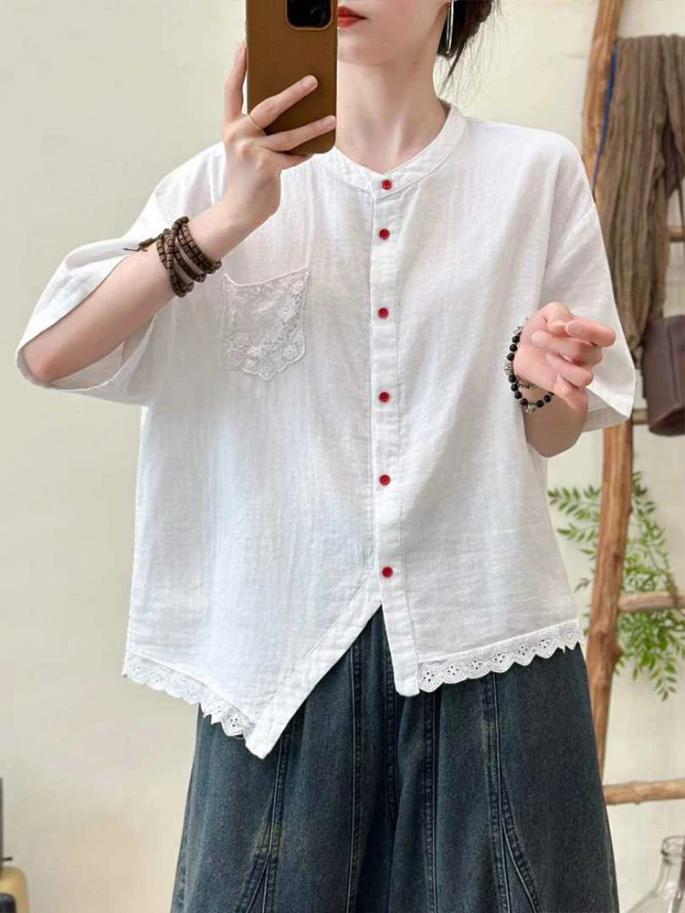 Amax LuluE 2026 Korean Summer Womens Fashion Loose Lace Shirts Casual Cotton Tops Ladies Classic Elegant Vintage Solid Blouses