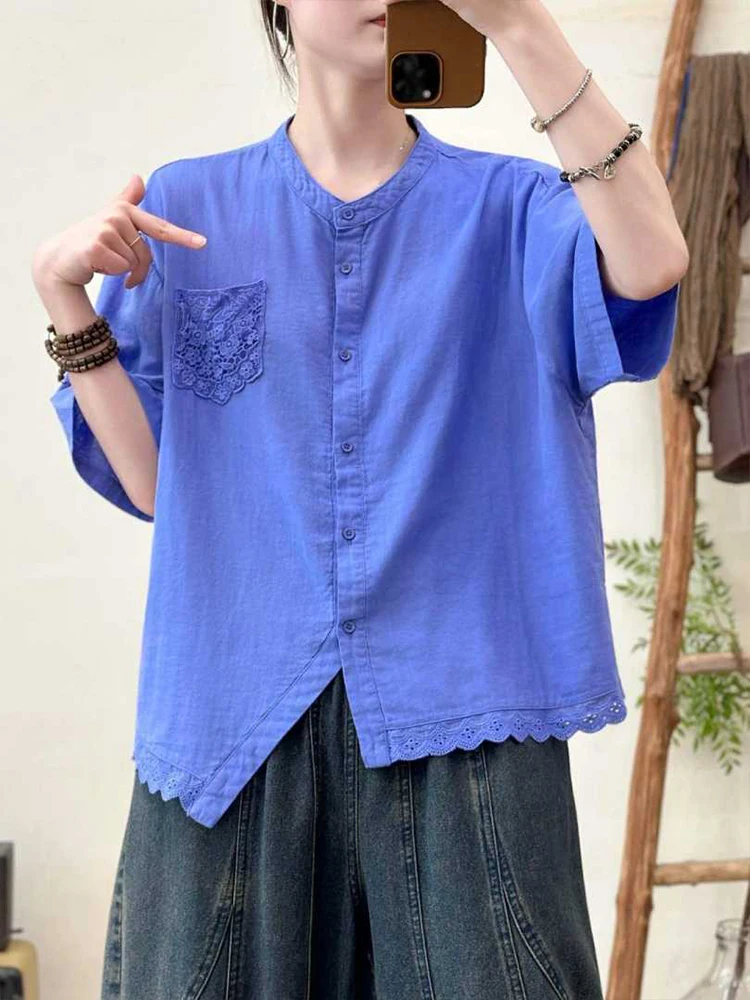 Amax LuluE 2026 Korean Summer Womens Fashion Loose Lace Shirts Casual Cotton Tops Ladies Classic Elegant Vintage Solid Blouses