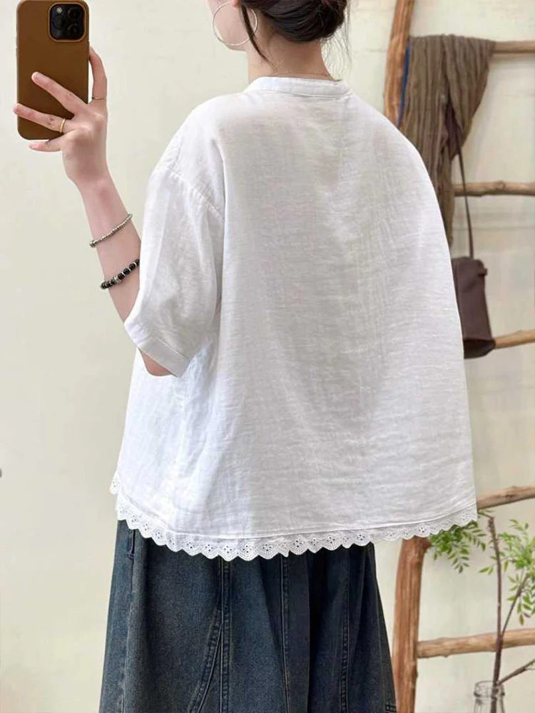 Amax LuluE 2026 Korean Summer Womens Fashion Loose Lace Shirts Casual Cotton Tops Ladies Classic Elegant Vintage Solid Blouses