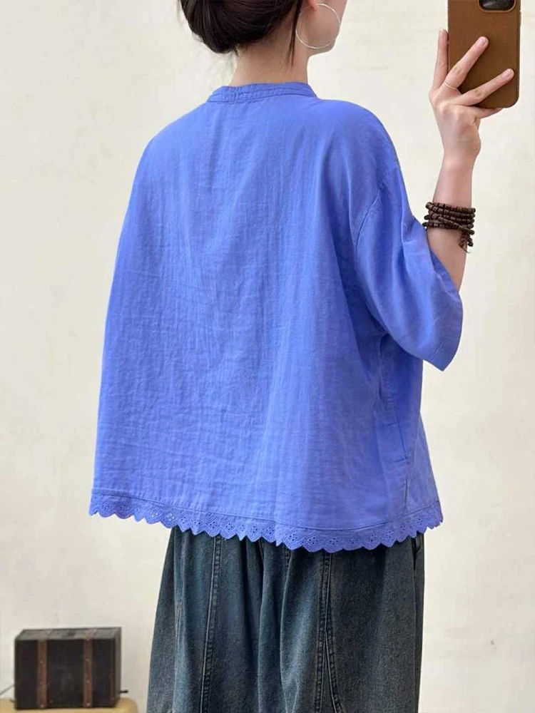 Amax LuluE 2026 Korean Summer Womens Fashion Loose Lace Shirts Casual Cotton Tops Ladies Classic Elegant Vintage Solid Blouses