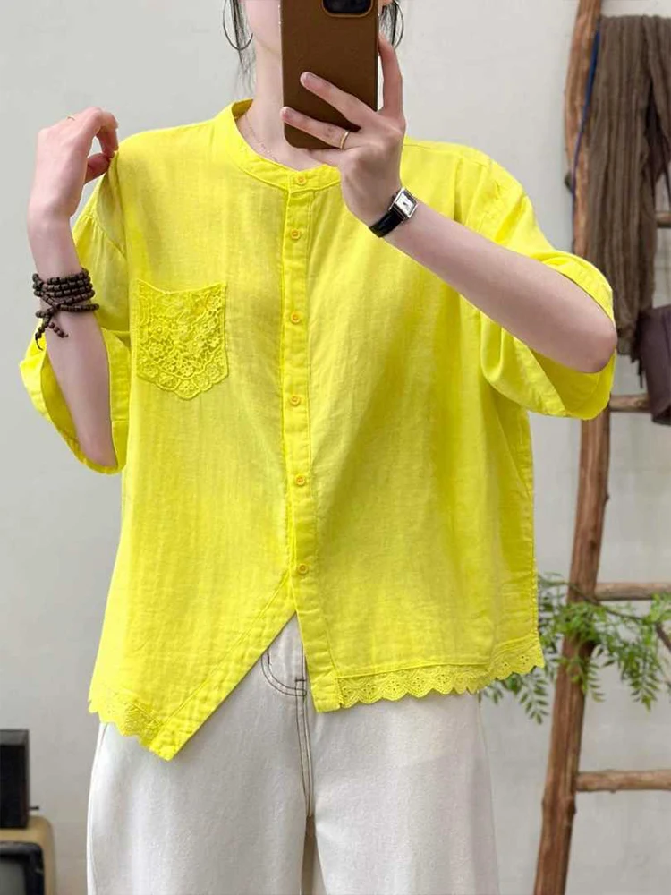 Amax LuluE 2026 Korean Summer Womens Fashion Loose Lace Shirts Casual Cotton Tops Ladies Classic Elegant Vintage Solid Blouses