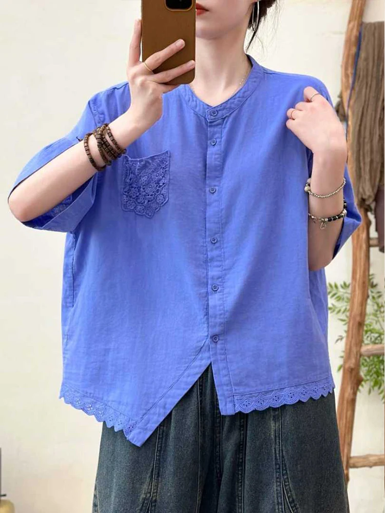 Amax LuluE 2026 Korean Summer Womens Fashion Loose Lace Shirts Casual Cotton Tops Ladies Classic Elegant Vintage Solid Blouses