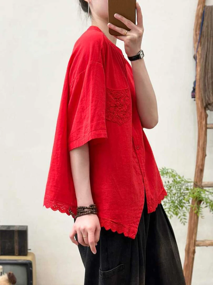 Amax LuluE 2026 Korean Summer Womens Fashion Loose Lace Shirts Casual Cotton Tops Ladies Classic Elegant Vintage Solid Blouses