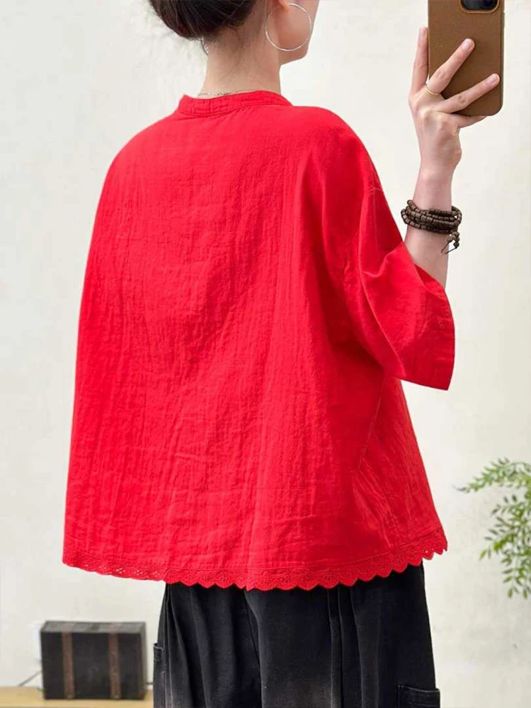 Amax LuluE 2026 Korean Summer Womens Fashion Loose Lace Shirts Casual Cotton Tops Ladies Classic Elegant Vintage Solid Blouses