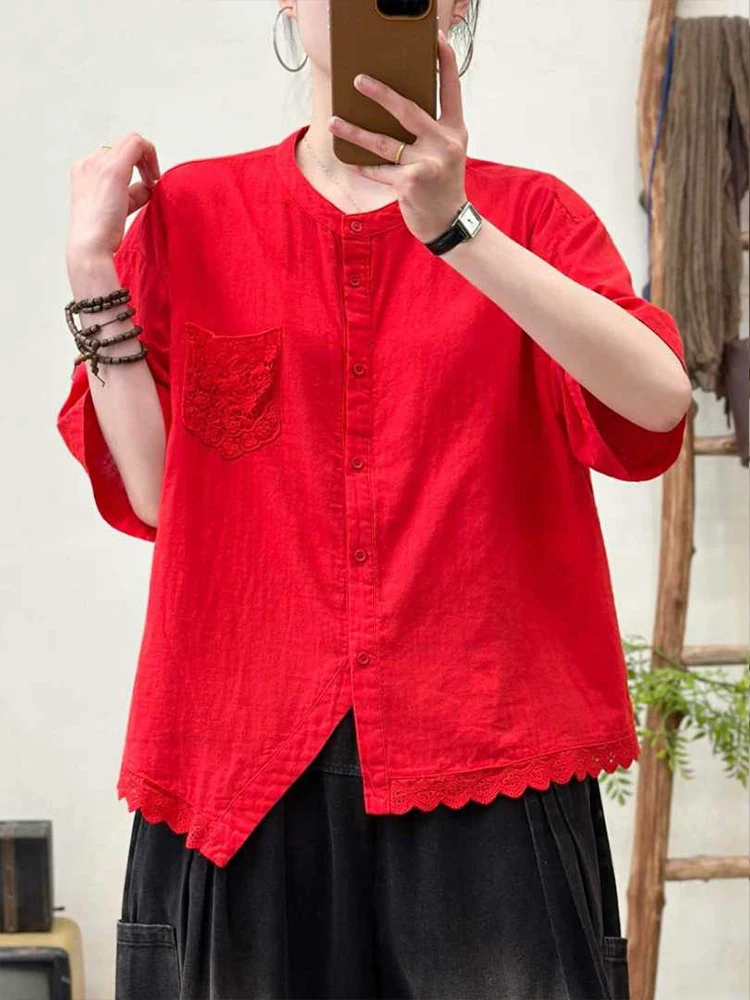 Amax LuluE 2026 Korean Summer Womens Fashion Loose Lace Shirts Casual Cotton Tops Ladies Classic Elegant Vintage Solid Blouses