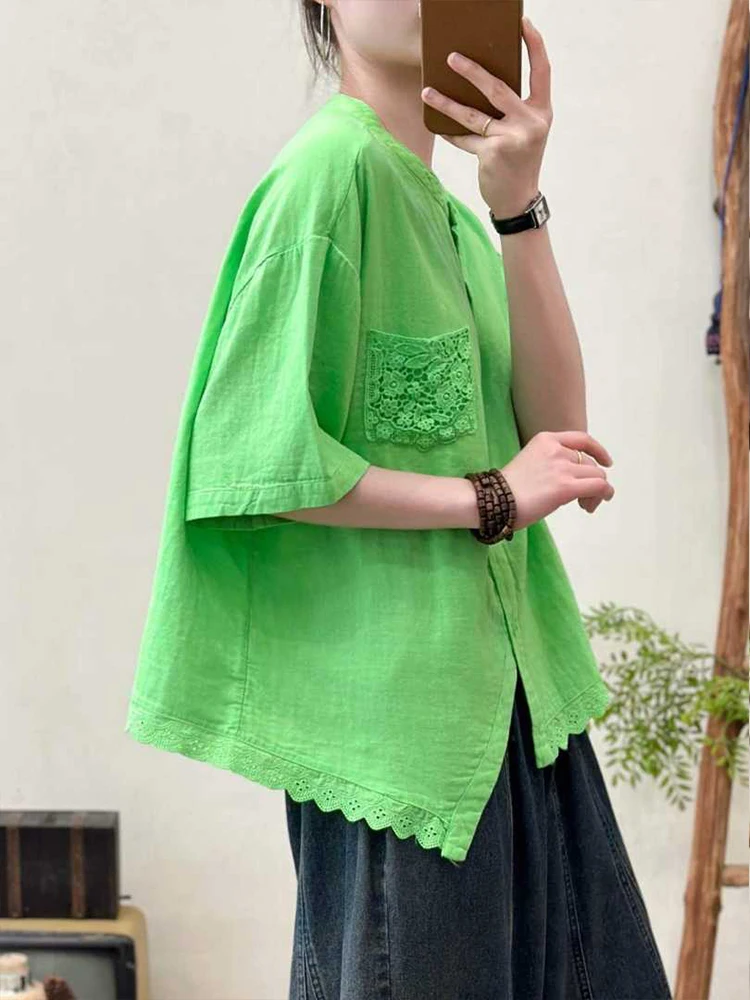 Amax LuluE 2026 Korean Summer Womens Fashion Loose Lace Shirts Casual Cotton Tops Ladies Classic Elegant Vintage Solid Blouses