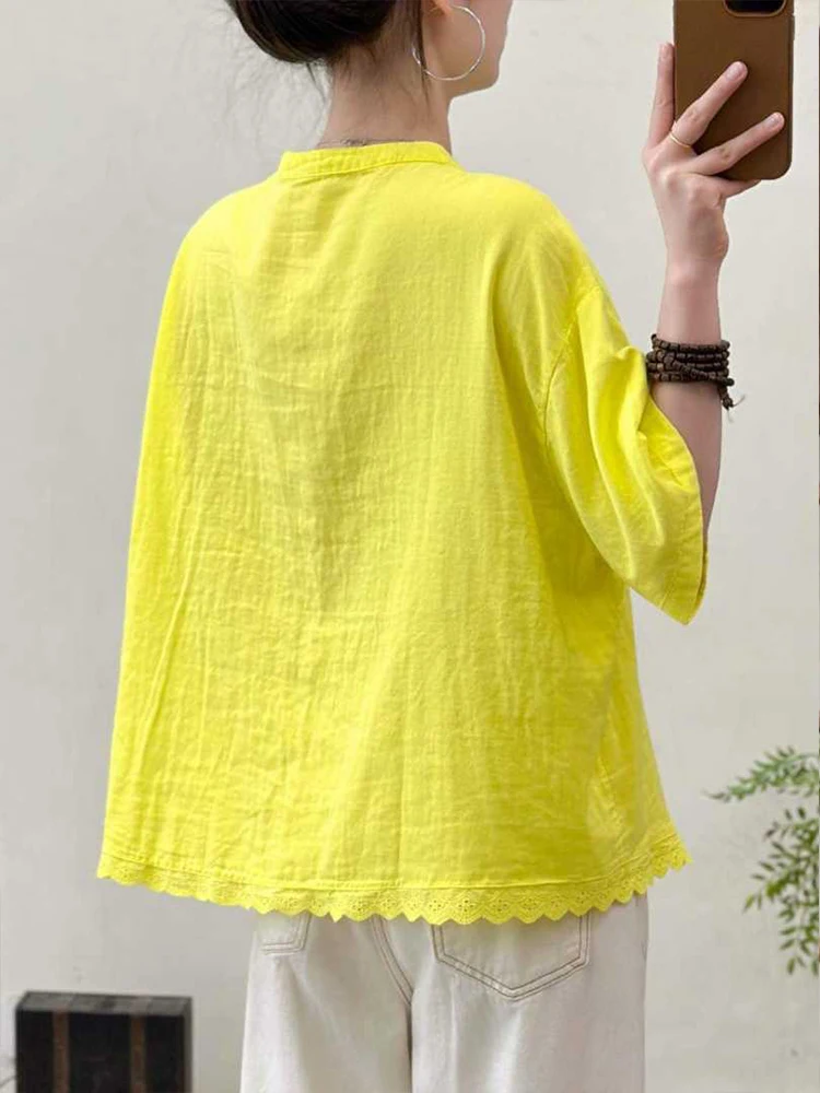 Amax LuluE 2026 Korean Summer Womens Fashion Loose Lace Shirts Casual Cotton Tops Ladies Classic Elegant Vintage Solid Blouses