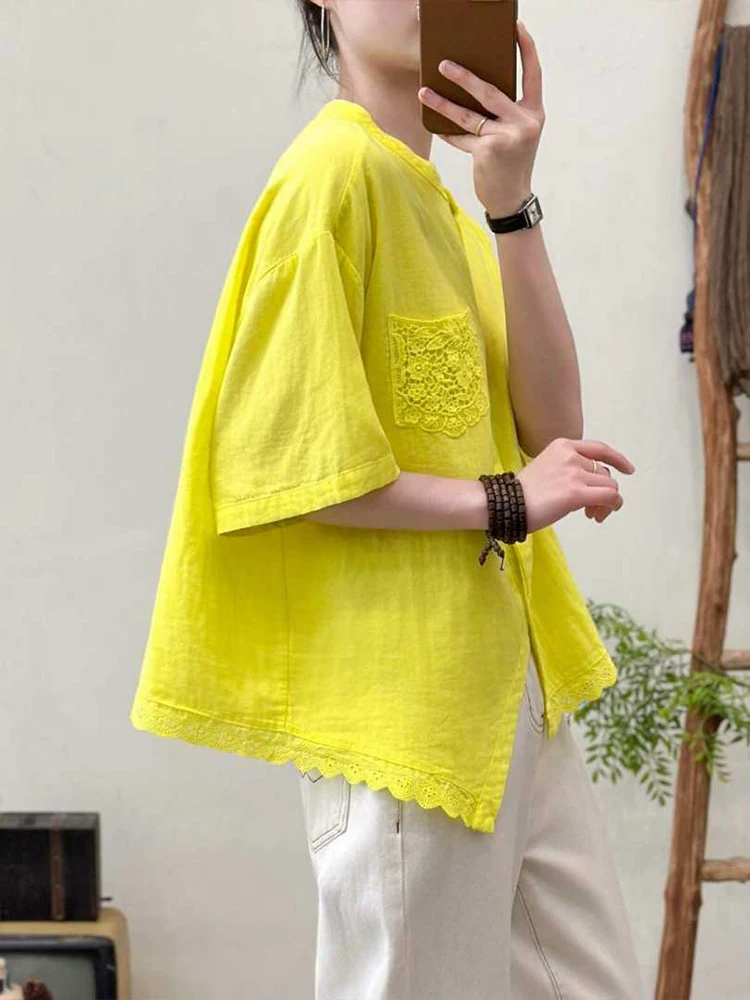 Amax LuluE 2026 Korean Summer Womens Fashion Loose Lace Shirts Casual Cotton Tops Ladies Classic Elegant Vintage Solid Blouses