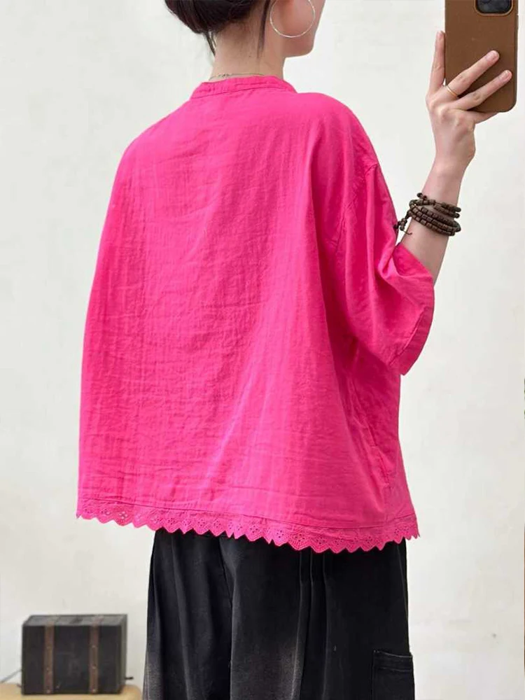 Amax LuluE 2026 Korean Summer Womens Fashion Loose Lace Shirts Casual Cotton Tops Ladies Classic Elegant Vintage Solid Blouses