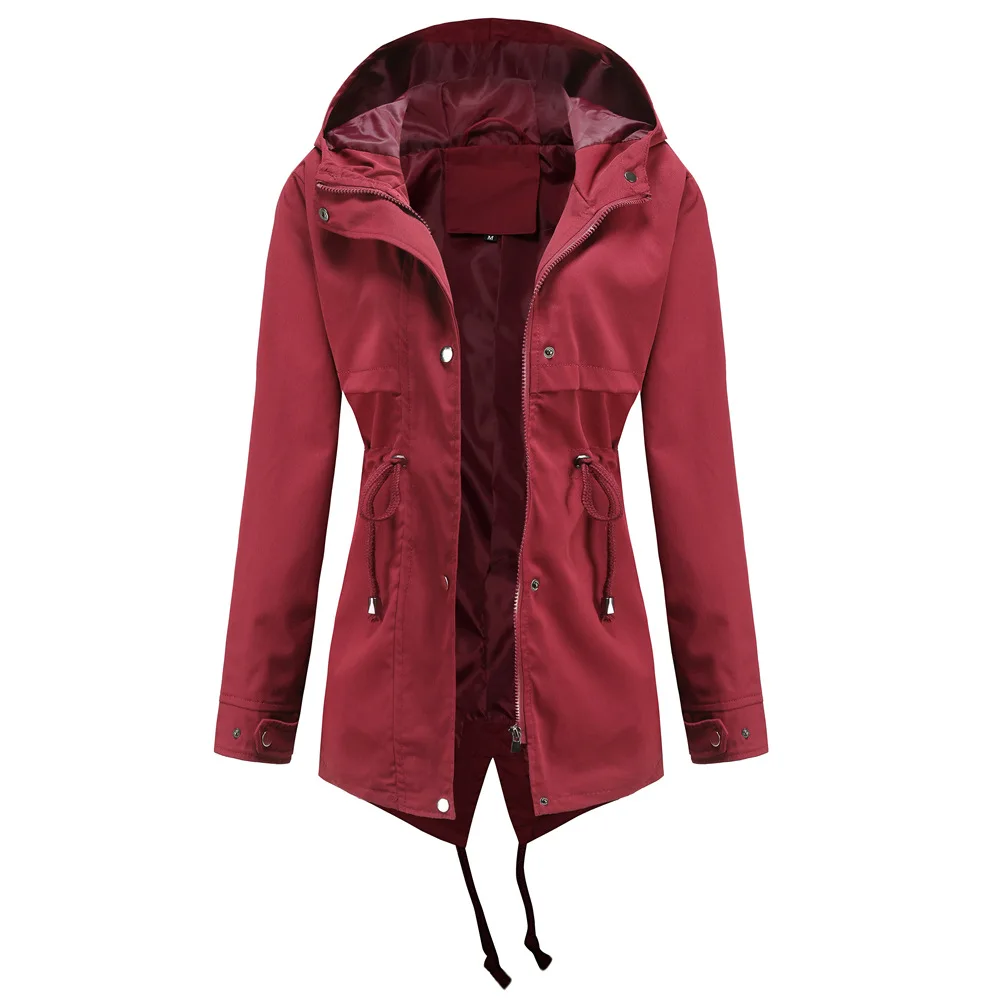 Women's Hooded Windbreaker Jacket Waterproof Zipper Long Sleeve Casual Coat Turndown Collar Pocket Outwear Autumn Jackets Women