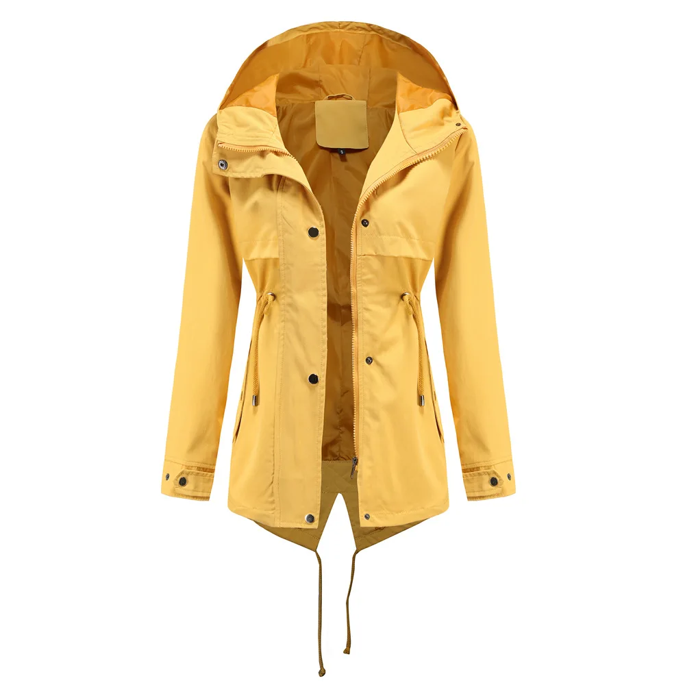 Women's Hooded Windbreaker Jacket Waterproof Zipper Long Sleeve Casual Coat Turndown Collar Pocket Outwear Autumn Jackets Women