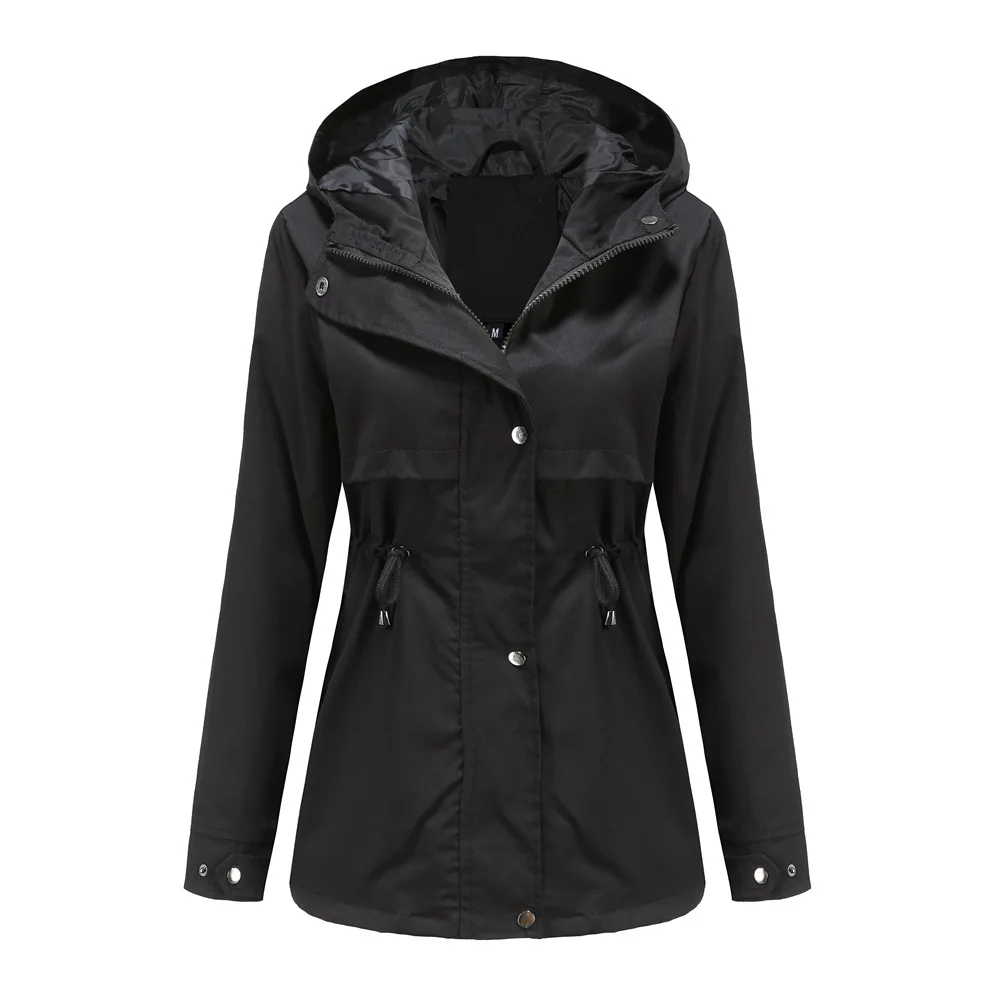 Women's Hooded Windbreaker Jacket Waterproof Zipper Long Sleeve Casual Coat Turndown Collar Pocket Outwear Autumn Jackets Women