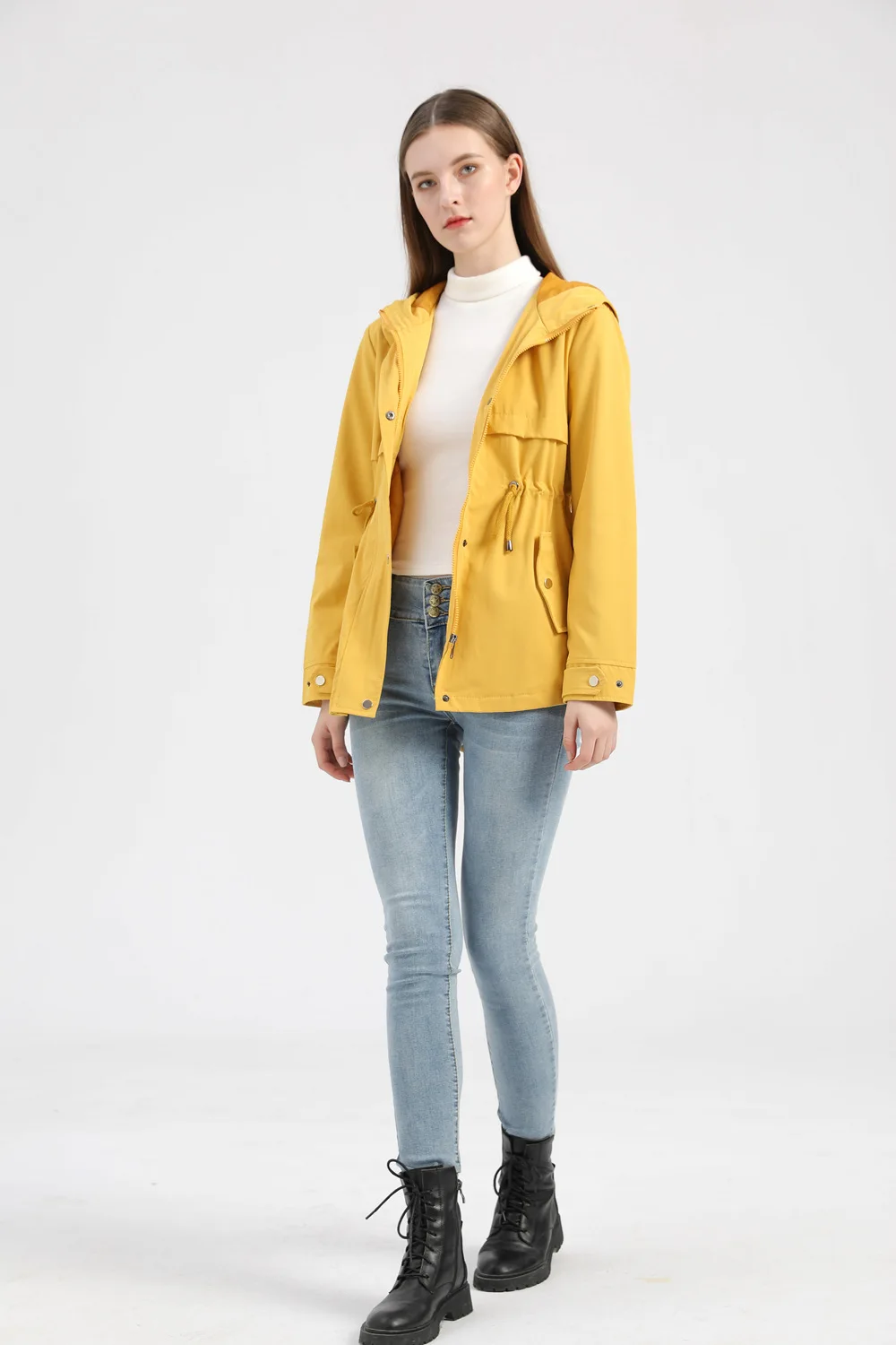 Women's Hooded Windbreaker Jacket Waterproof Zipper Long Sleeve Casual Coat Turndown Collar Pocket Outwear Autumn Jackets Women