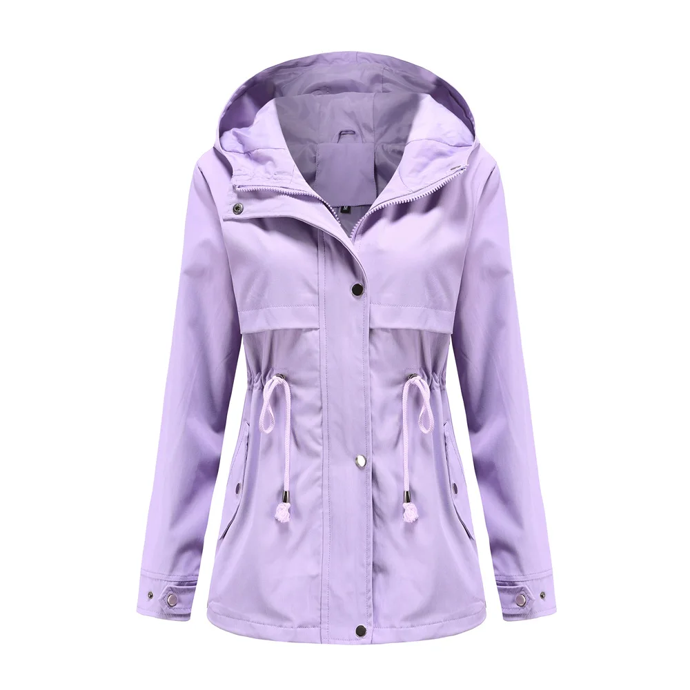Women's Hooded Windbreaker Jacket Waterproof Zipper Long Sleeve Casual Coat Turndown Collar Pocket Outwear Autumn Jackets Women