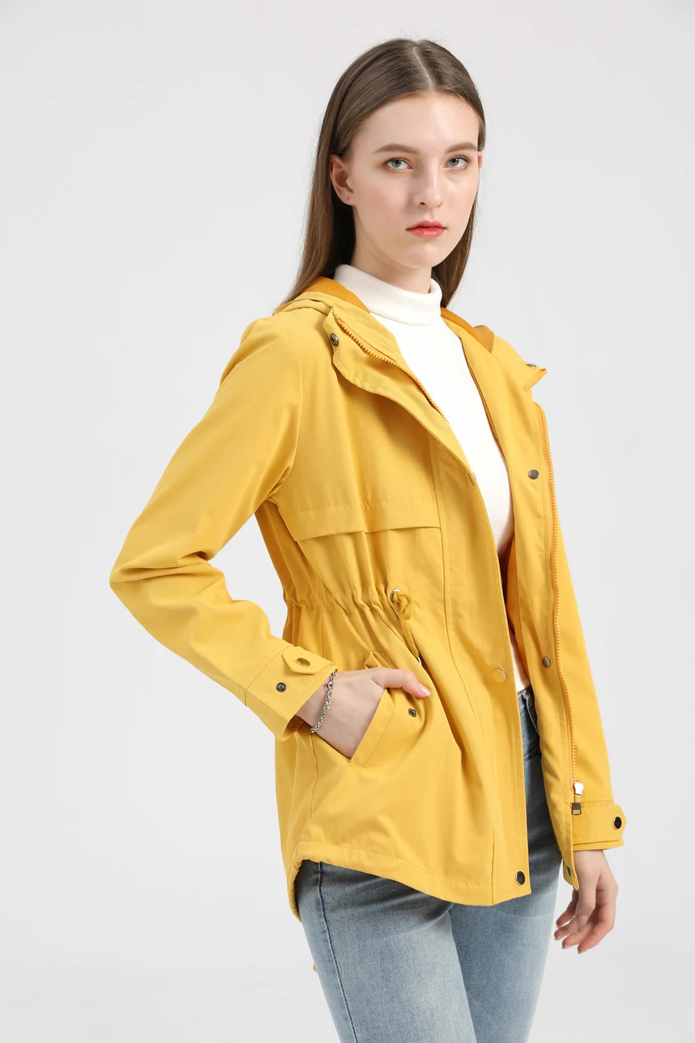 Women's Hooded Windbreaker Jacket Waterproof Zipper Long Sleeve Casual Coat Turndown Collar Pocket Outwear Autumn Jackets Women