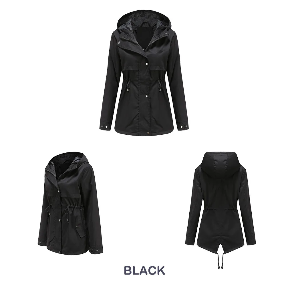 Women's Hooded Windbreaker Jacket Waterproof Zipper Long Sleeve Casual Coat Turndown Collar Pocket Outwear Autumn Jackets Women
