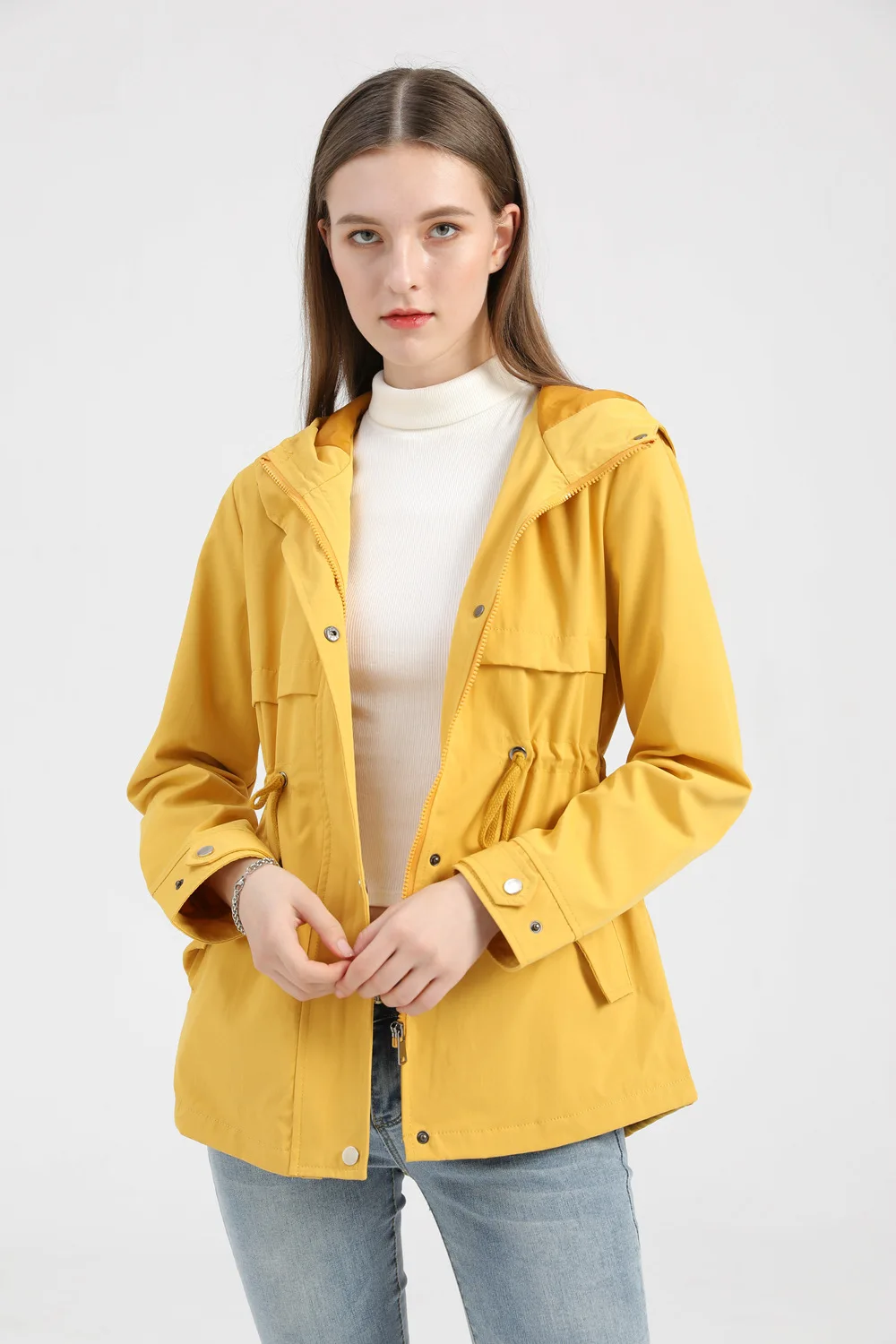 Women's Hooded Windbreaker Jacket Waterproof Zipper Long Sleeve Casual Coat Turndown Collar Pocket Outwear Autumn Jackets Women