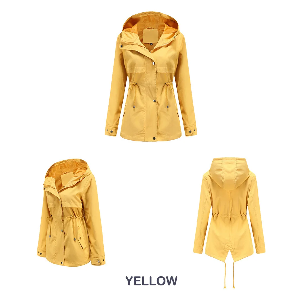 Women's Hooded Windbreaker Jacket Waterproof Zipper Long Sleeve Casual Coat Turndown Collar Pocket Outwear Autumn Jackets Women