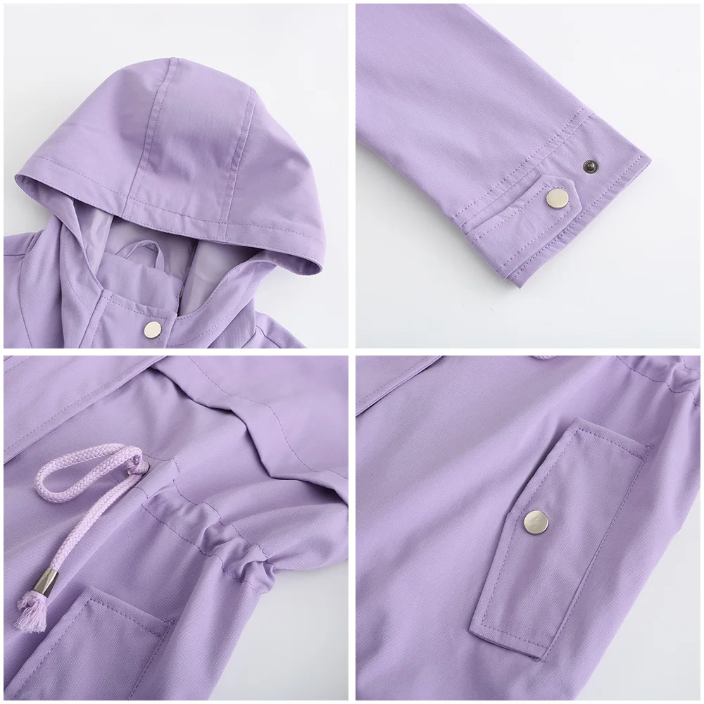 Women's Hooded Windbreaker Jacket Waterproof Zipper Long Sleeve Casual Coat Turndown Collar Pocket Outwear Autumn Jackets Women