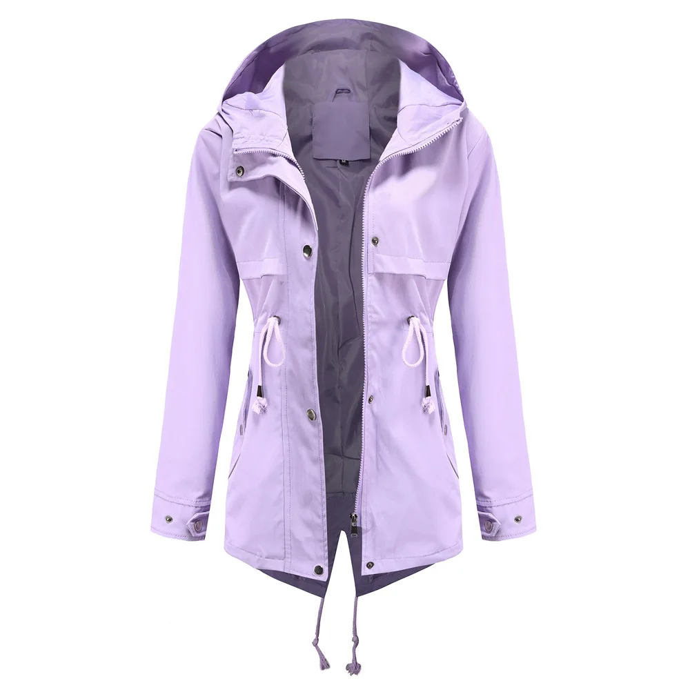 Women's Hooded Windbreaker Jacket Waterproof Zipper Long Sleeve Casual Coat Turndown Collar Pocket Outwear Autumn Jackets Women