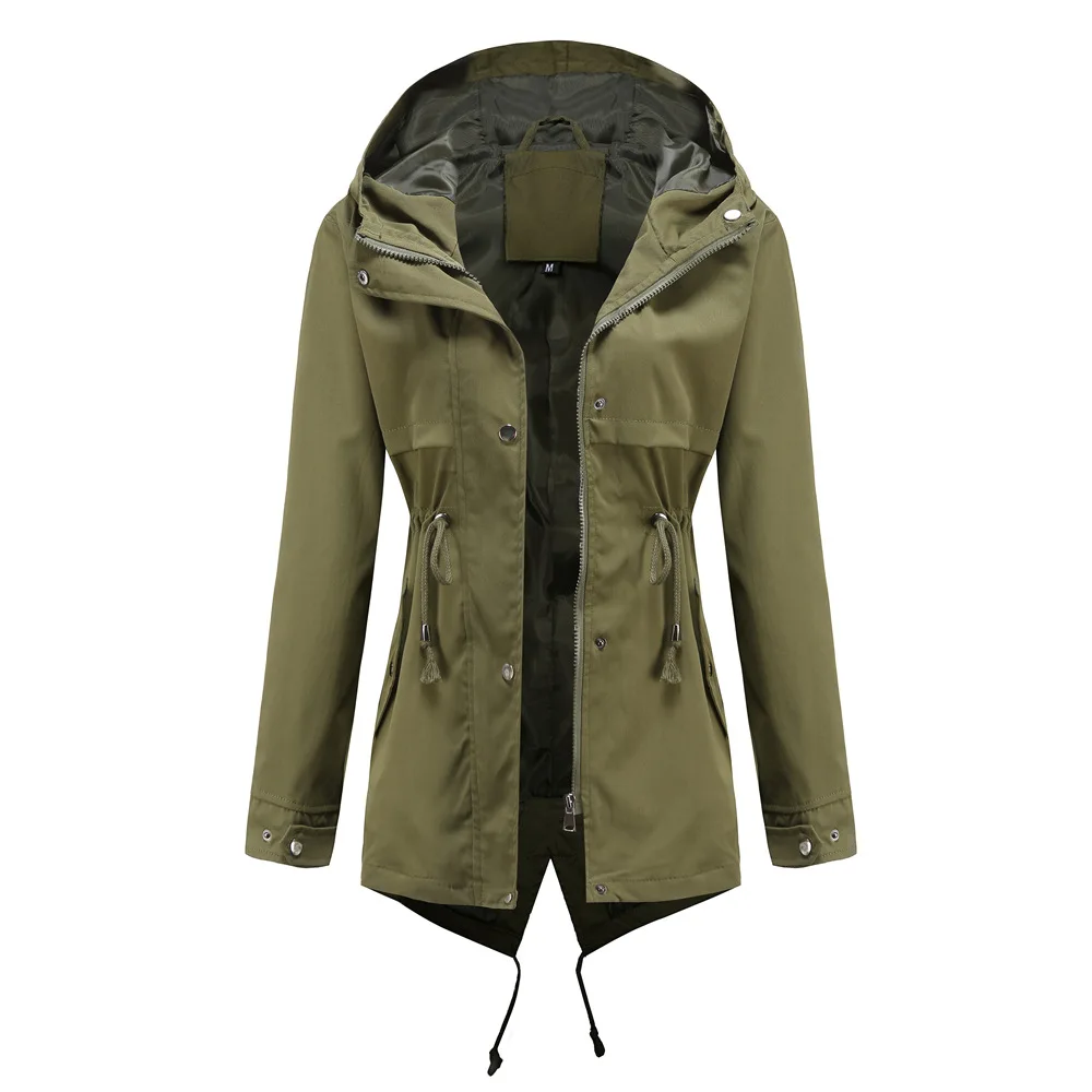 Women's Hooded Windbreaker Jacket Waterproof Zipper Long Sleeve Casual Coat Turndown Collar Pocket Outwear Autumn Jackets Women