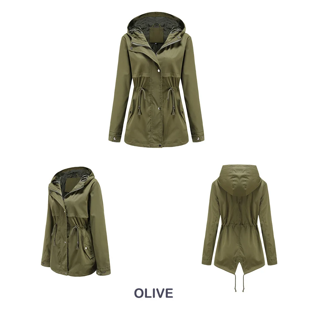 Women's Hooded Windbreaker Jacket Waterproof Zipper Long Sleeve Casual Coat Turndown Collar Pocket Outwear Autumn Jackets Women