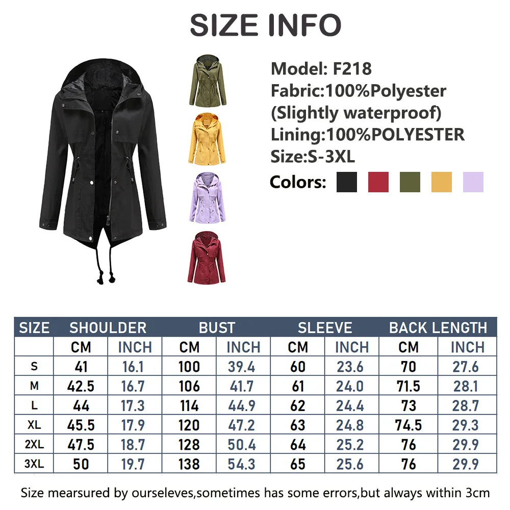 Women's Hooded Windbreaker Jacket Waterproof Zipper Long Sleeve Casual Coat Turndown Collar Pocket Outwear Autumn Jackets Women