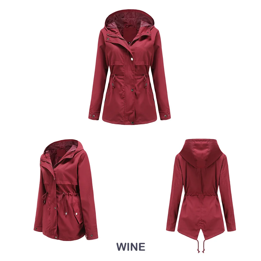 Women's Hooded Windbreaker Jacket Waterproof Zipper Long Sleeve Casual Coat Turndown Collar Pocket Outwear Autumn Jackets Women