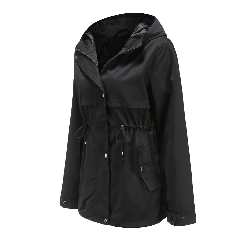 Women's Hooded Windbreaker Jacket Waterproof Zipper Long Sleeve Casual Coat Turndown Collar Pocket Outwear Autumn Jackets Women