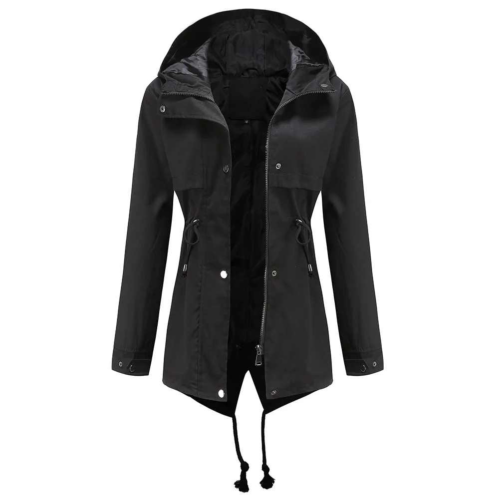 Women's Hooded Windbreaker Jacket Waterproof Zipper Long Sleeve Casual Coat Turndown Collar Pocket Outwear Autumn Jackets Women