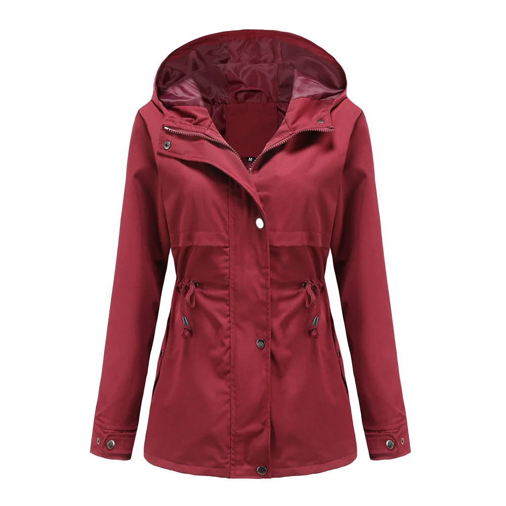Women's Hooded Windbreaker Jacket Waterproof Zipper Long Sleeve Casual Coat Turndown Collar Pocket Outwear Autumn Jackets Women