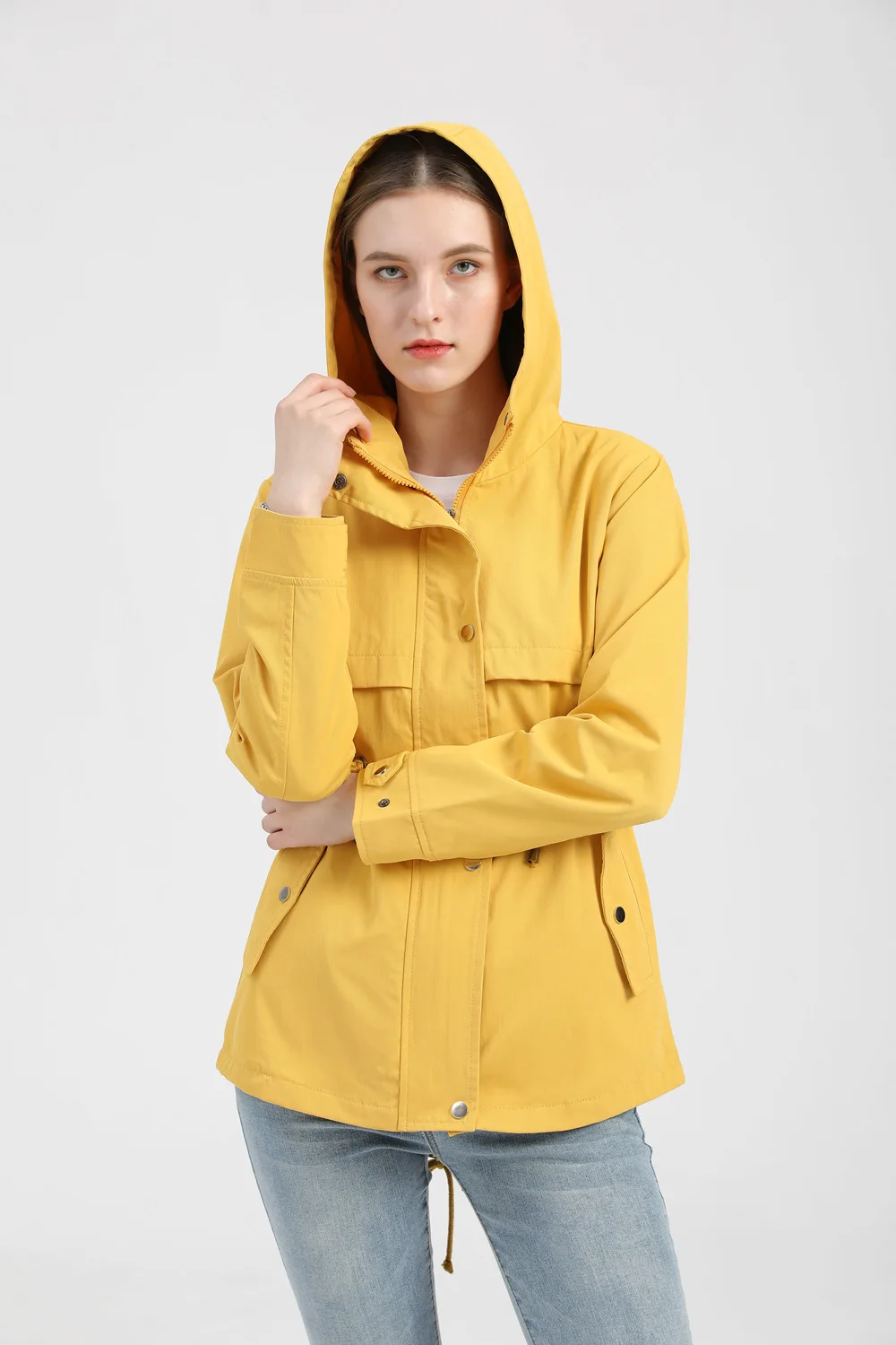 Women's Hooded Windbreaker Jacket Waterproof Zipper Long Sleeve Casual Coat Turndown Collar Pocket Outwear Autumn Jackets Women
