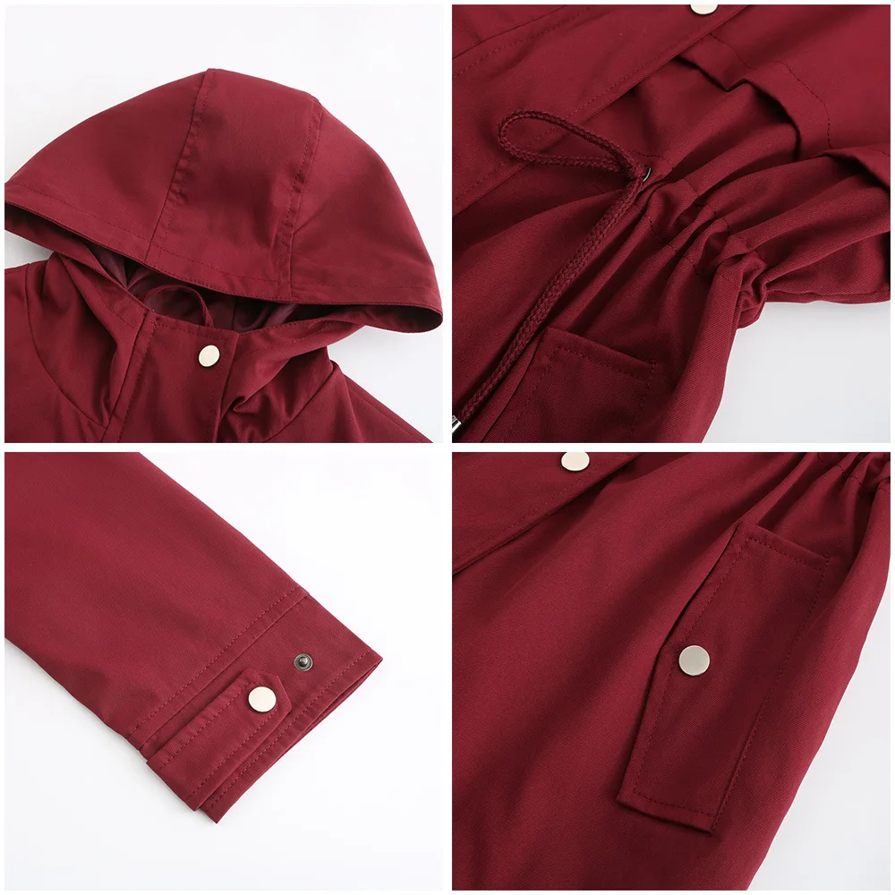 Women's Hooded Windbreaker Jacket Waterproof Zipper Long Sleeve Casual Coat Turndown Collar Pocket Outwear Autumn Jackets Women