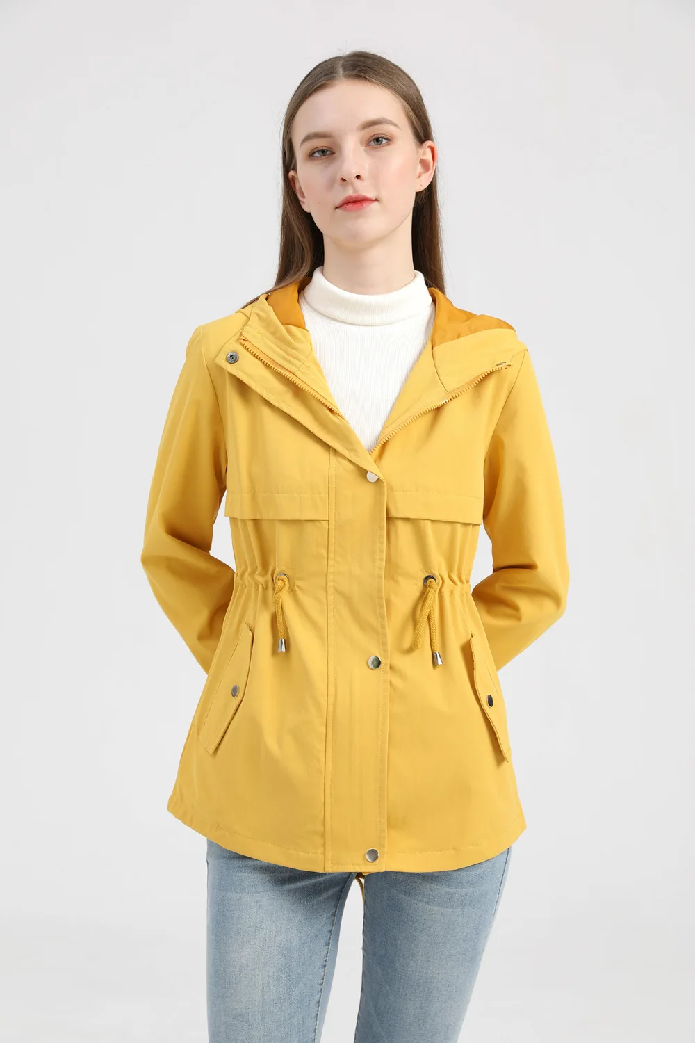 Women's Hooded Windbreaker Jacket Waterproof Zipper Long Sleeve Casual Coat Turndown Collar Pocket Outwear Autumn Jackets Women