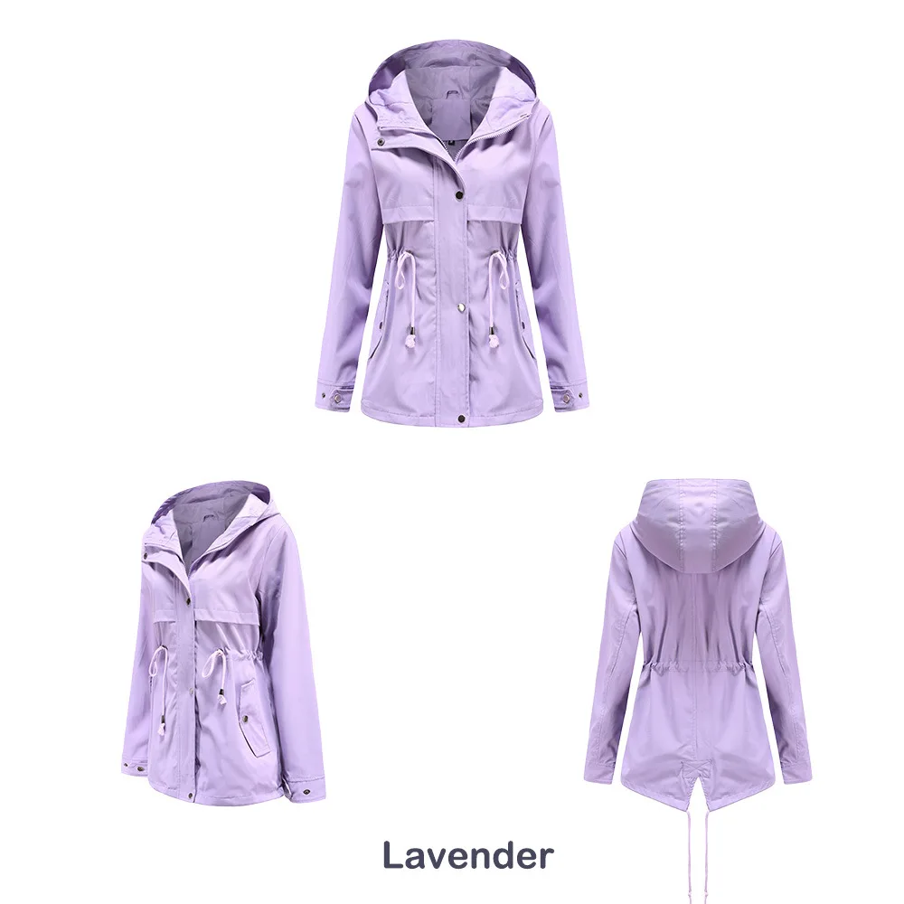 Women's Hooded Windbreaker Jacket Waterproof Zipper Long Sleeve Casual Coat Turndown Collar Pocket Outwear Autumn Jackets Women