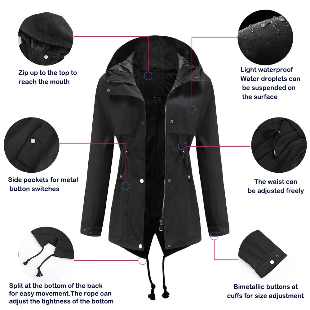 Women's Hooded Windbreaker Jacket Waterproof Zipper Long Sleeve Casual Coat Turndown Collar Pocket Outwear Autumn Jackets Women