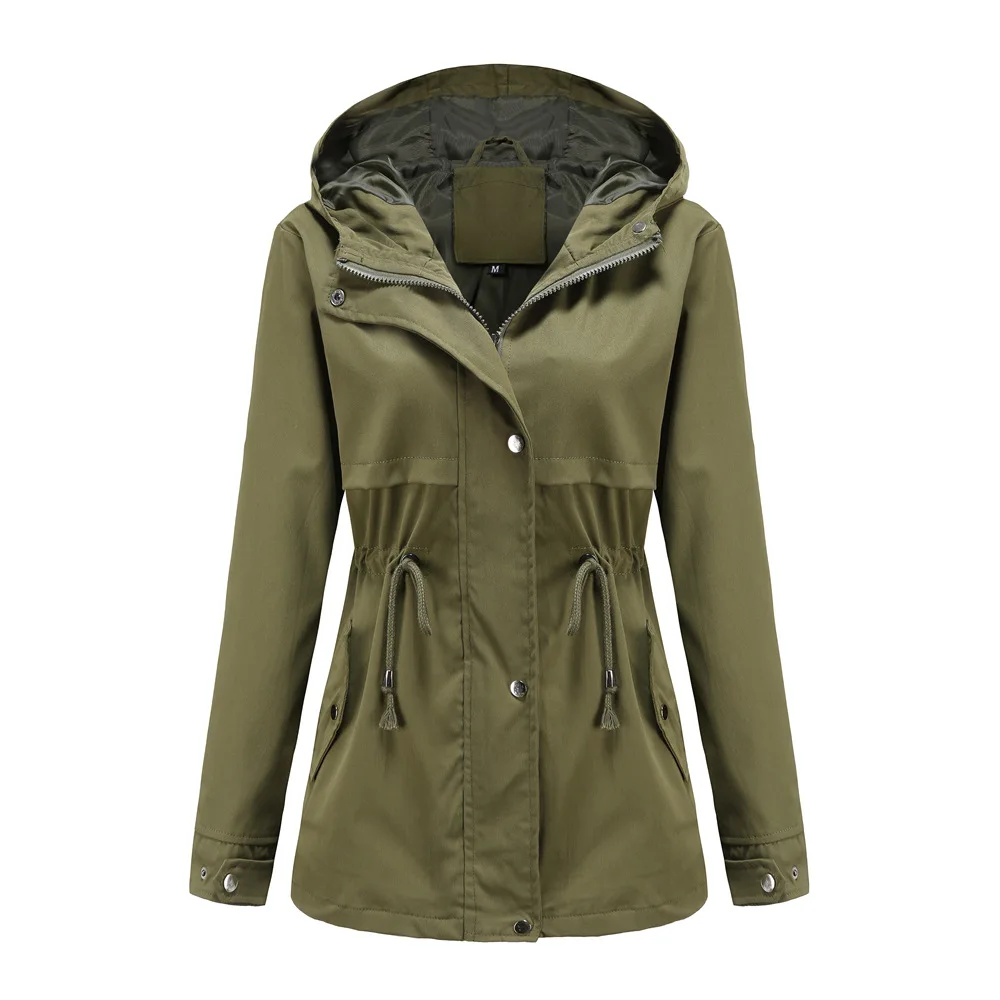 Women's Hooded Windbreaker Jacket Waterproof Zipper Long Sleeve Casual Coat Turndown Collar Pocket Outwear Autumn Jackets Women