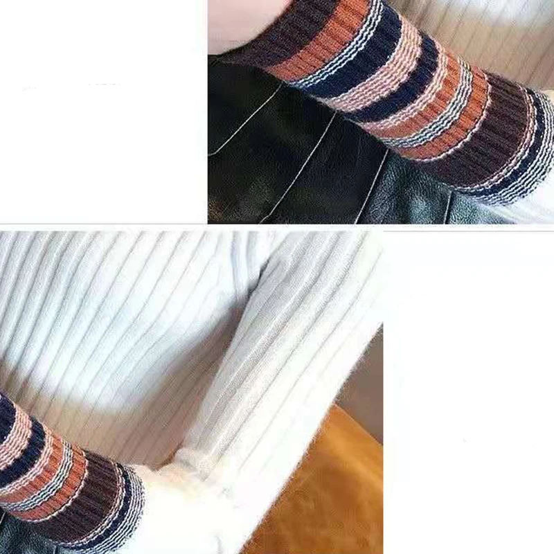 Lucyever Fashion Striped Long Sleeve Knitted Sweater Women Ribbed Elastic O-neck Pullover Sweaters Autumn Winter Slim Knit Tops