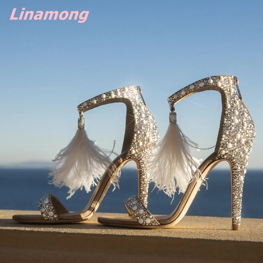 2024 Summer Pearl Women Sandals Cover Thin High Heel Sexy Genuine Leather Sweet Zipper Open Toe Comfortable Party Wedding Shoes