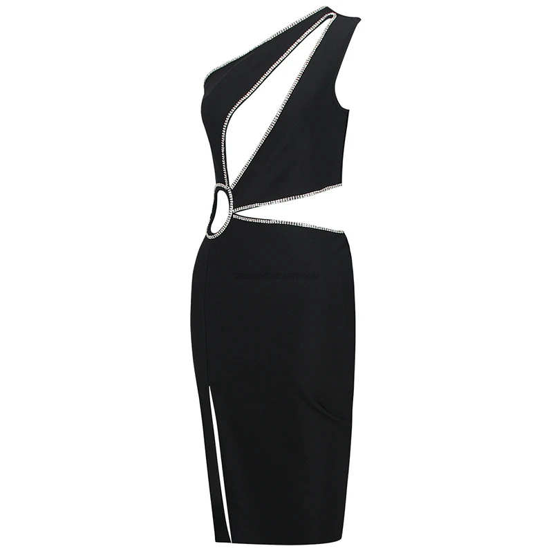2022 New Summer Women One Shoulder Bandage Dress Sexy Sleeveless Hollow Out Diamonds Club Celebrity Bodycon Party Mini Dresses