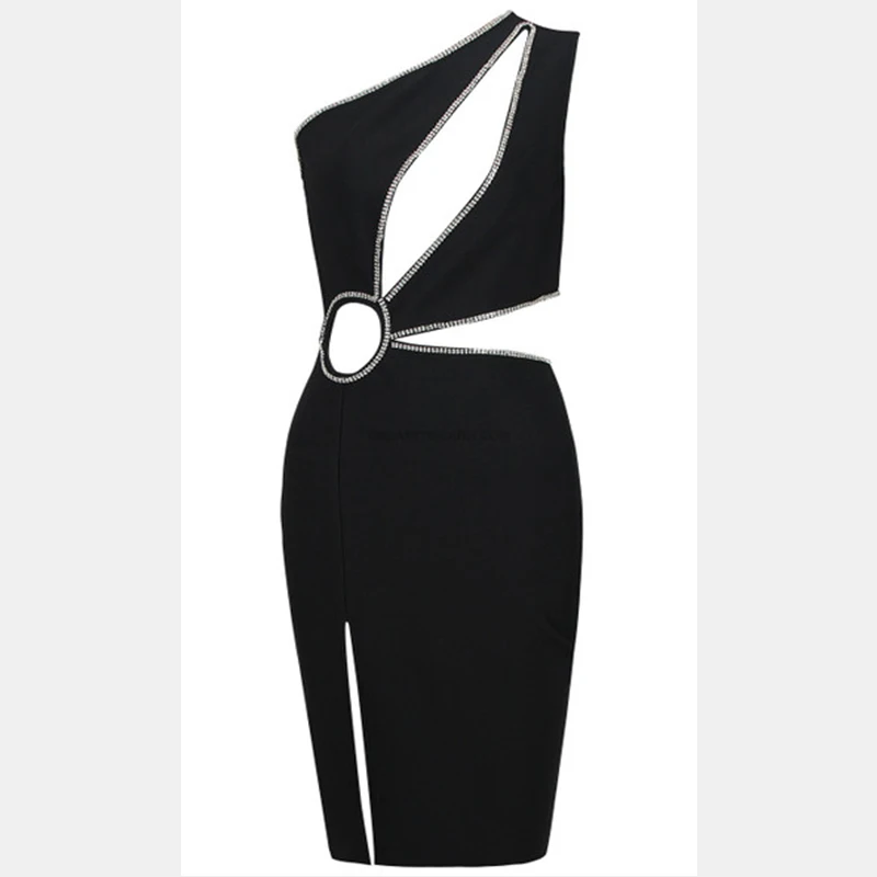 2022 New Summer Women One Shoulder Bandage Dress Sexy Sleeveless Hollow Out Diamonds Club Celebrity Bodycon Party Mini Dresses