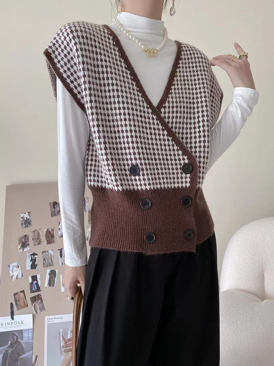 International air fold wear plaid knit wool vest for women autumn winter new style of 100 match vest loose small outside