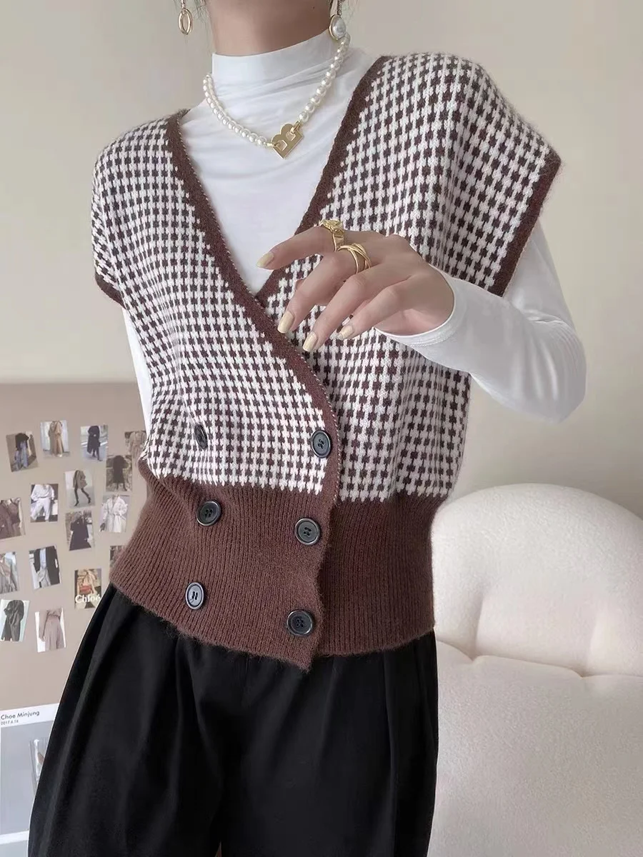 International air fold wear plaid knit wool vest for women autumn winter new style of 100 match vest loose small outside