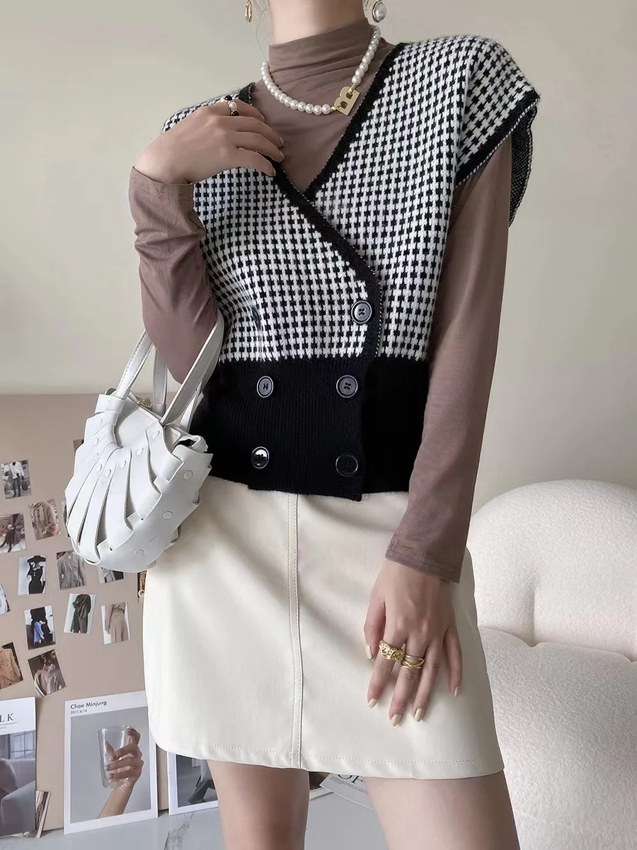 International air fold wear plaid knit wool vest for women autumn winter new style of 100 match vest loose small outside