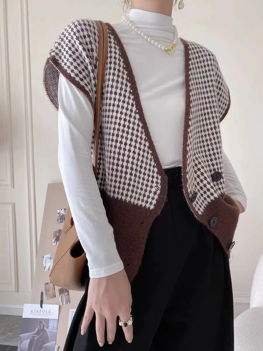 International air fold wear plaid knit wool vest for women autumn winter new style of 100 match vest loose small outside