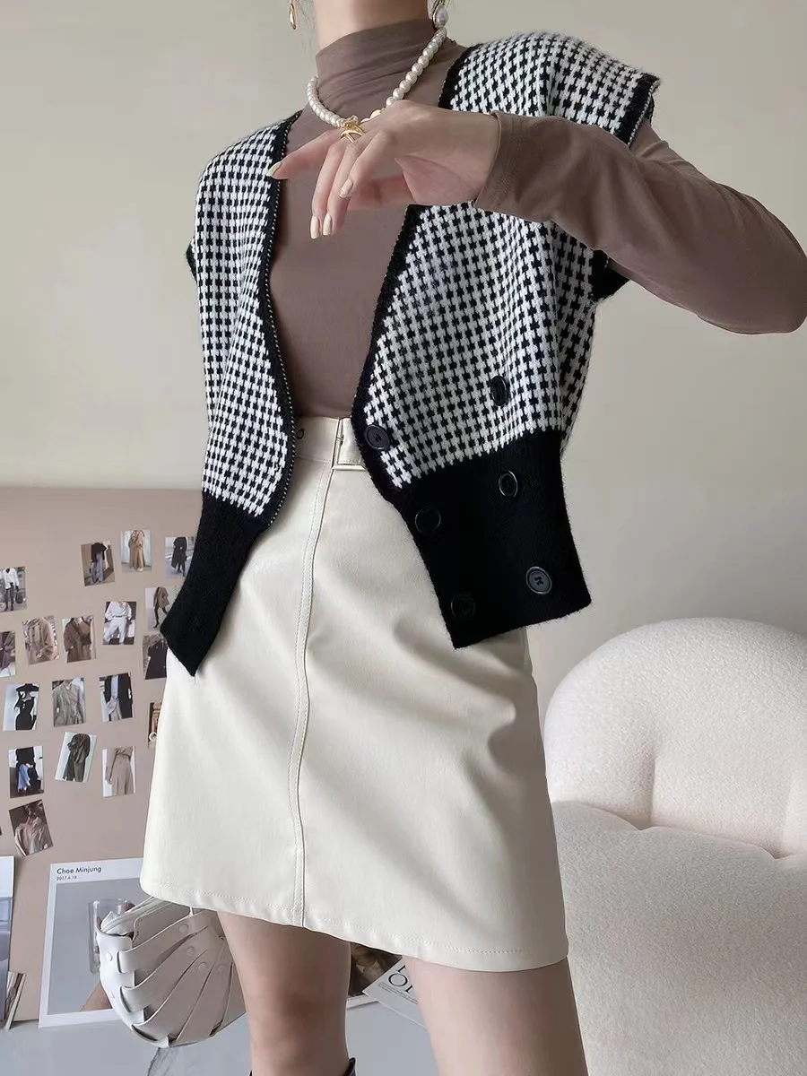 International air fold wear plaid knit wool vest for women autumn winter new style of 100 match vest loose small outside